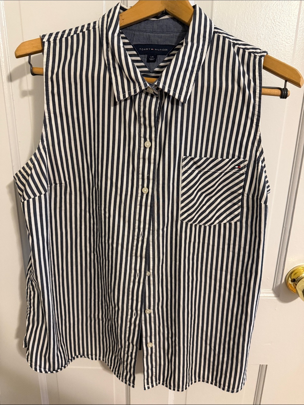 Tommy Hilfiger Navy and White Striped Sleeveless Button-Down Shirt